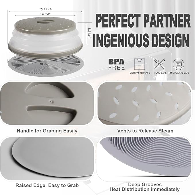 2 in 1, Aidacom Microwave Splatter Cover for Food & Silicone Microwave Mat, Mat as Bowl Holder, Trivet, Pot Holders, Drying, Baking, Utensils Rest for Kitchen Counter, Dishwasher Safe, Grey - Image 6
