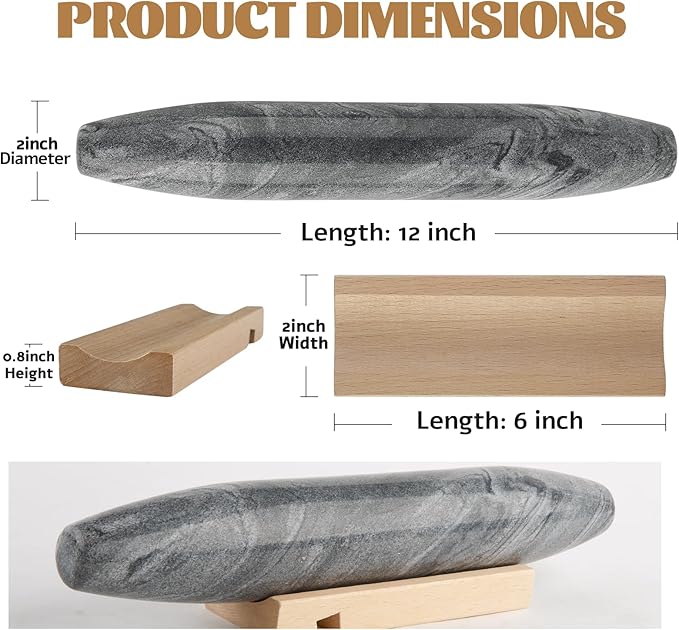 Koville African Natural Grey Marble French Rolling Pin, 12inch Non-Stick Rolling Pin for Baking, Dough Roller for Pasta, Dumpling, Fondant, Pie, Bread, Pizza, Kitchen Baking Tools - Image 2