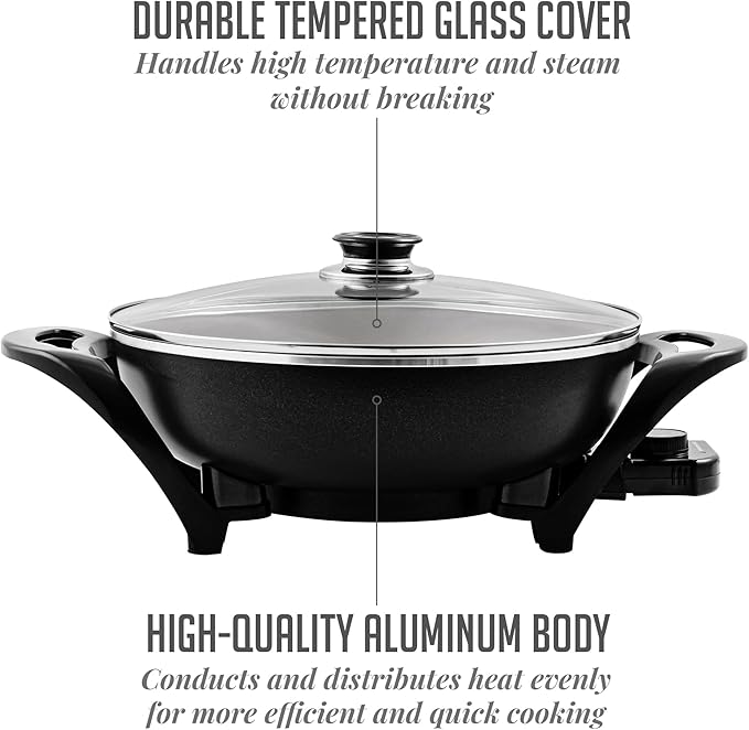 OVENTE Electric Wok with Nonstick Coating, 13 Inch Family-Sized Skillet, 1400W Power, Adjustable Temperature, Tempered Glass Lid, Cool Touch Handles and Easy to Clean Frying Surface, Black SK3113B - Image 4