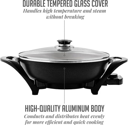 OVENTE Electric Wok with Nonstick Coating, 13 Inch Family-Sized Skillet, 1400W Power, Adjustable Temperature, Tempered Glass Lid, Cool Touch Handles and Easy to Clean Frying Surface, Black SK3113B - Image 4