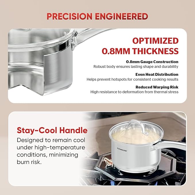 SUNHOUSE – 3 Quarts Stainless Steel Sauce Pan with Lid - PFOA-Free, Stainless Steel Sauce Pan, Advanced Impact Bonding Induction Base, Stay-Cool Handle, Compatible with All Cooktops - Image 4