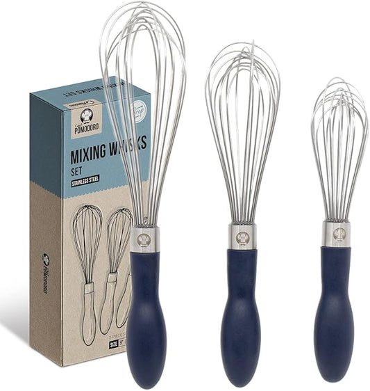 Chef Pomodoro 3-Piece Kitchen Whisk Set, Stainless Steel Whisks for Cooking, Wisk Kitchen Tool, Thick Wire Whisk Set, Wisking Tool for Cooking, Blending, Whisking, Beating and Stirring by ChefPomodoro