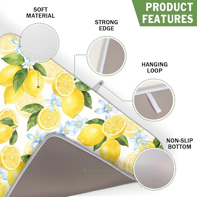 Kawani Lemon Dish Drying Mat 16x18 Inch Absorbent Reversible Spring Summer Drying Mat Floral Lemon Fruits Dish Drying Rack Mat Yellow Summer Themed Dish Drainer Mat for Kitchen Counter Coffee Bar