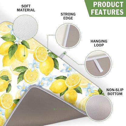 Kawani Lemon Dish Drying Mat 16x18 Inch Absorbent Reversible Spring Summer Drying Mat Floral Lemon Fruits Dish Drying Rack Mat Yellow Summer Themed Dish Drainer Mat for Kitchen Counter Coffee Bar