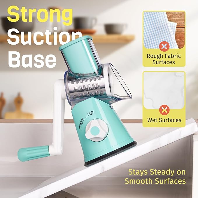 Cheese Grater Hand Crank, Rotary Cheese Shredder with 3 Interchangeable Blades for Coarse, Fine Shredding and Slicing, Strong Suction Base for Pizza, Pasta, Salad, Vegetables, Nuts, Chocolate - Image 6