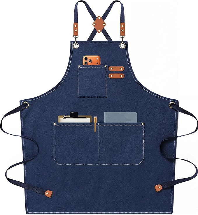 AFUN Chef Aprons for Men Women with Oversized Pockets, 16-Ounce Cotton Canvas Cross Back Heavy Duty Work Apron (Dark Blue) by BringYouaFun
