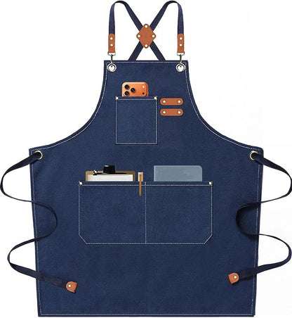 AFUN Chef Aprons for Men Women with Oversized Pockets, 16-Ounce Cotton Canvas Cross Back Heavy Duty Work Apron (Dark Blue) by BringYouaFun