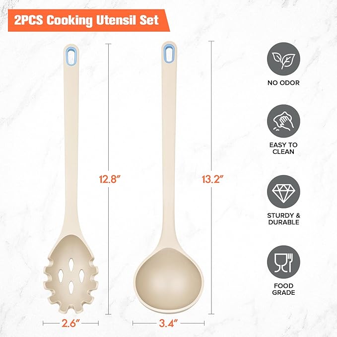 Silicone Spaghetti Spoon&Soup Ladle Cooking Utensils Set of 2,No Scratch for Nonstick Cookware,BPA Free, 450℉ Heat Resistant (KHAKI) - Image 6