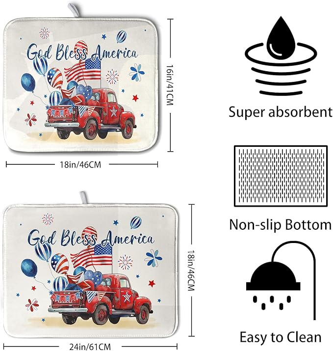 4th of July Drying Mat for Kitchen Counter 18 x 24 Inch US Independence Day Patriotic Truck Dish Drying Mat Polyester American Flag Dish Drainer Mat Super Absorbent Dish Rack Pad for Coffee Bar Sinks - Image 2