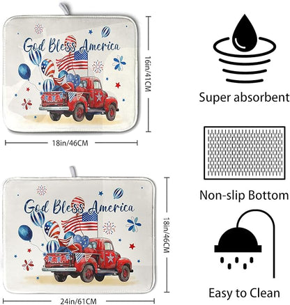 4th of July Drying Mat for Kitchen Counter 18 x 24 Inch US Independence Day Patriotic Truck Dish Drying Mat Polyester American Flag Dish Drainer Mat Super Absorbent Dish Rack Pad for Coffee Bar Sinks - Image 2
