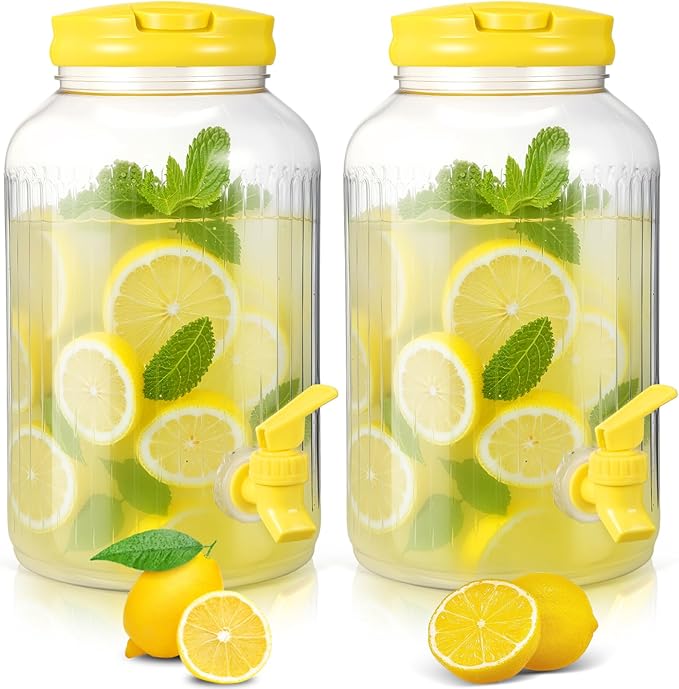 SiliFine 2 Pieces 1 Gallon Plastic Beverage Dispenser with Spigot Striped Clear Large Drink Beverage Dispenser Summer Fridge Water Container with Tap for Party Iced Tea, Sangria, Lemonade(Yellow)
