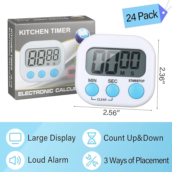Weewooday 24 Pcs Digital Kitchen Timer Magnetic Timer Bulk On/Off Switch Minute Second Count up Countdown Loud Alarm for Exercise Cook Baking (Black,White) - Image 2