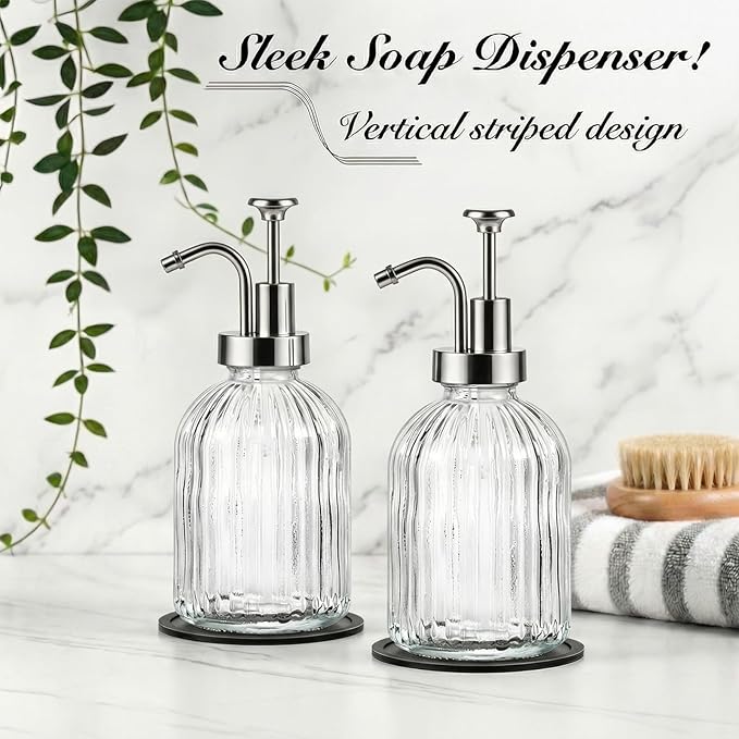 SheeChung Clear Glass Soap Dispenser, 12 Oz Liquid Hand Soap Dispenser with Pump, Refillable Lotion Dish Soap Dispenser for Kitchen, Stripes Shampoo Bottle, Bathroom Countertop (Silver Pump, 2 Pack)