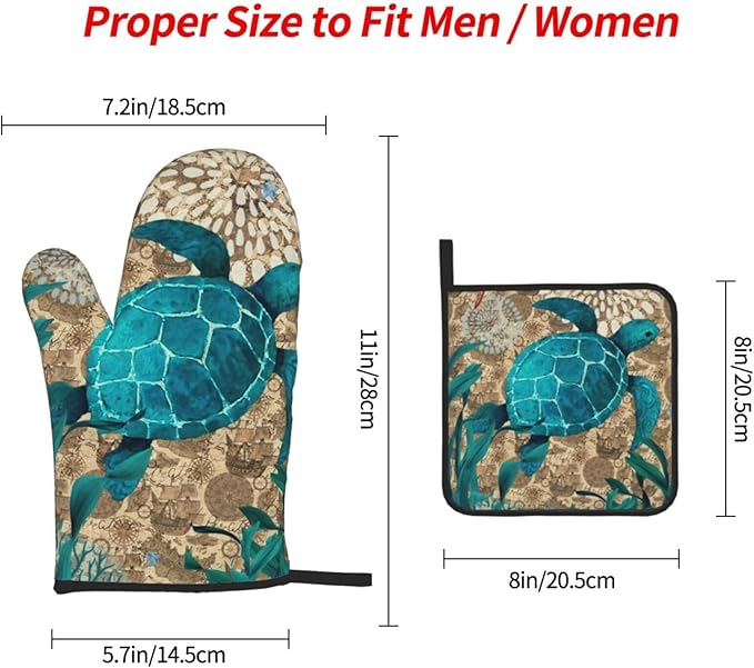 Retro Teal Nautical Oven Mitts and Pot Holders Sets,Sea Turtles Oven Gloves Hot Pads, Coastal Kitchen Mitts for Cooking Baking BBQ,Nautical Coastal Beach Ocean Cruise Themed Gifts for Women Sea Lover