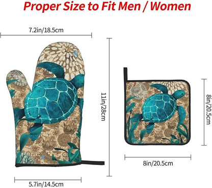 Retro Teal Nautical Oven Mitts and Pot Holders Sets,Sea Turtles Oven Gloves Hot Pads, Coastal Kitchen Mitts for Cooking Baking BBQ,Nautical Coastal Beach Ocean Cruise Themed Gifts for Women Sea Lover