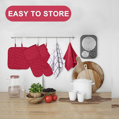 Oven Mitts Kitchen Towels and Dishcloths Pot Holders Sets, Oven Gloves Kitchen Dish Towels 500 Degree Heat Resistant Potholders with Non-Slip Silicone Surface for Cooking, Grilling, Baking-Red - Image 6