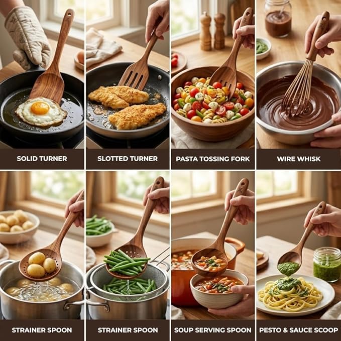10 Pcs Wooden Utensil Set, 100% Natural Teak Wood Cooking Utensils with Spatula, Turner, Spoon Rest & Holder, Heat Resistant, Lightweight Wooden Spoons for Cooking, Safe for Nonstick Cookware - Image 6
