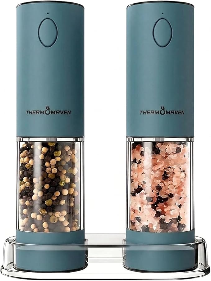 ThermoMaven Electric Salt and Pepper Grinder Set, 110ml Larger Rechargeable Automatic Salt and Pepper Mill Grinder with 6 Adjustable Coarseness, Electric Salt and Pepper Shakers, LED, Navy Blue by ThermoMaven