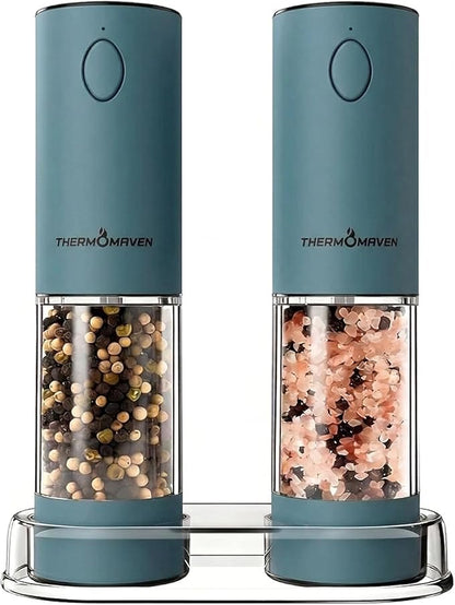ThermoMaven Electric Salt and Pepper Grinder Set, 110ml Larger Rechargeable Automatic Salt and Pepper Mill Grinder with 6 Adjustable Coarseness, Electric Salt and Pepper Shakers, LED, Navy Blue by ThermoMaven