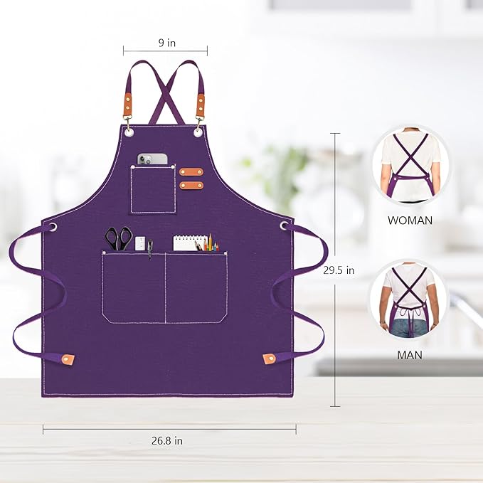 OUNLEN Chef Apron for Men Women Canvas Aprons with 3 Pockets Cross Back Resistant Work Apron for Cooking - Image 2
