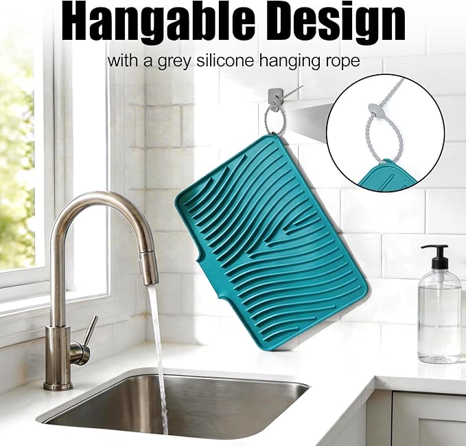 TIKNIK Silicone Dish Drying Mat, Stone Drying Mat for Kitchen Counter with Built-In Drain, Non-Slip Drain Pad with Built-in Drain, Heat Resistant Stone Drying Mat, 1Pcs 20" x 15", Green - Image 5