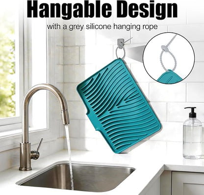 TIKNIK Silicone Dish Drying Mat, Stone Drying Mat for Kitchen Counter with Built-In Drain, Non-Slip Drain Pad with Built-in Drain, Heat Resistant Stone Drying Mat, Hangable, Green-1pcs, 16" x 12" - Image 4