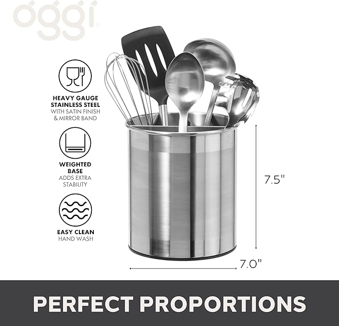 Oggi Jumbo Stainless Steel Rotating Utensil Holder with Removable Divider - Stylish kitchen cooking utensil organizer. Height 7.5". - Image 5