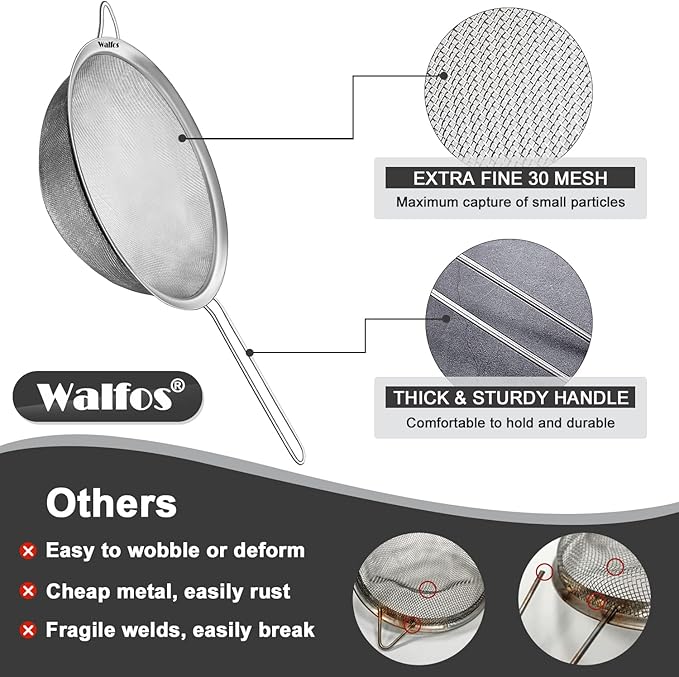 Walfos Fine Mesh Strainer Set of 3, Stainless Steel Wire Strainers for Kitchen, Multipurpose Metal Fine Sieve with Handle, Perfect for Food, Rice, Quinoa, 2.7", 4.6", 7" - Image 7