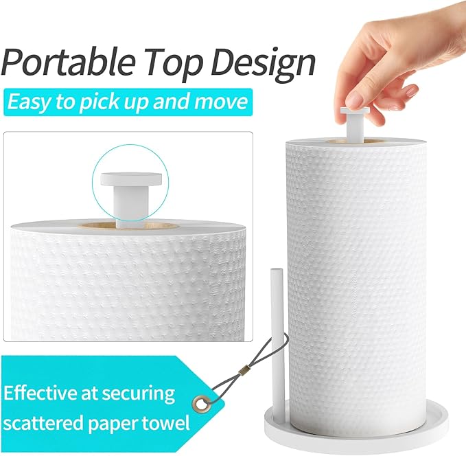 Paper Towel Holder Countertop, Standing Paper Roll Holder with Anti Slip Weighted Base, Stainless Steel Freestanding Paper Towel Holder for Kitchen, White - Image 2