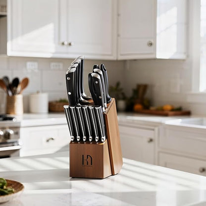 KnifeSaga Knife Set, 15 Pcs Kitchen Knife Block Sets with Sharpener, Japanese High Carbon Stainless Steel Set of Knives, Premium Razor Sharp Black Knives Set with Block for Kitchen, Ergonomic Handle - Image 2