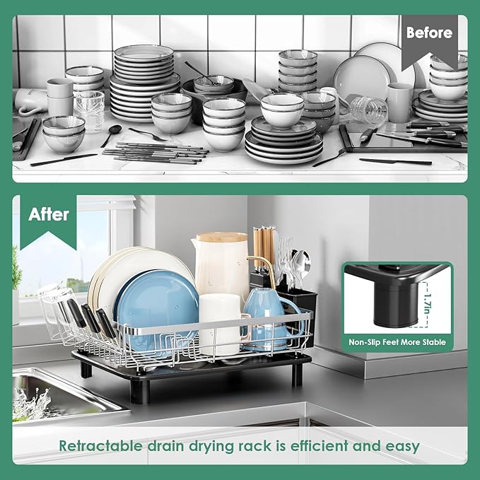 MOUKABAL Dish Drying Rack, Dish Rack, Stainless Steel Dish Racks for Kitchen Counter, Dish Drainer with Removable Utensil Holder, Drainboard (Black,Stainless Steel,13''W x 17''L) - Image 2