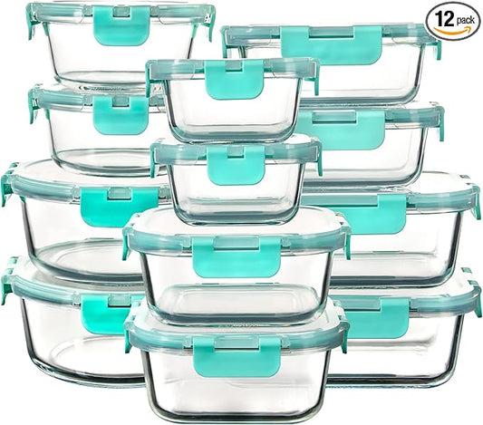 FAWLES 12 Pack Glass Storage Containers with Lids, Leak-Proof Meal Prep Containers, Dishwasher/Microwave/Oven/Freezer Safe Glass Food Storage Containers for Leftovers, to Go
