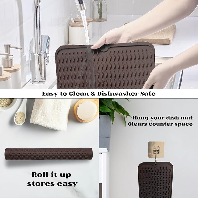 ZLR Silicone Dish Drying Mat & Heat Resistant Trivet (12" x 16") - Waterproof Counter Protector for Air Fryer, Coffee Maker - Non-Slip, BPA Free Kitchen Pad, Easy Clean Dishwasher Safe (Coffee) - Image 4