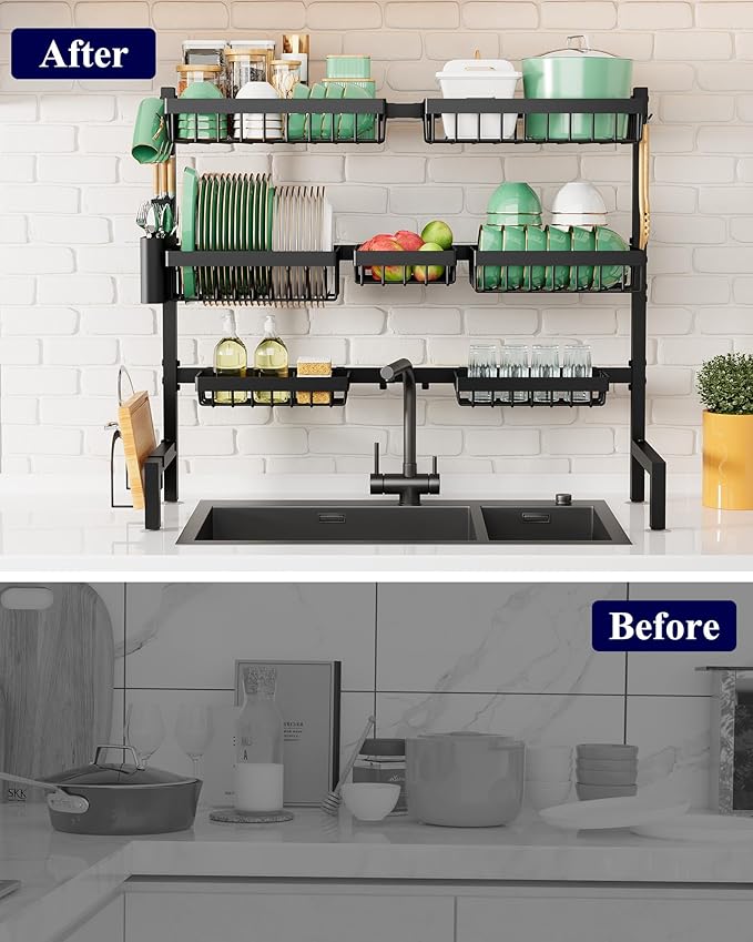 Kitsure Over The Sink Dish Drying Rack - 31.5" to 39.4" x 30.3", Adjustable Sink Drying Rack for Kitchen Sink with Multifunctional Baskets, Black - Image 7