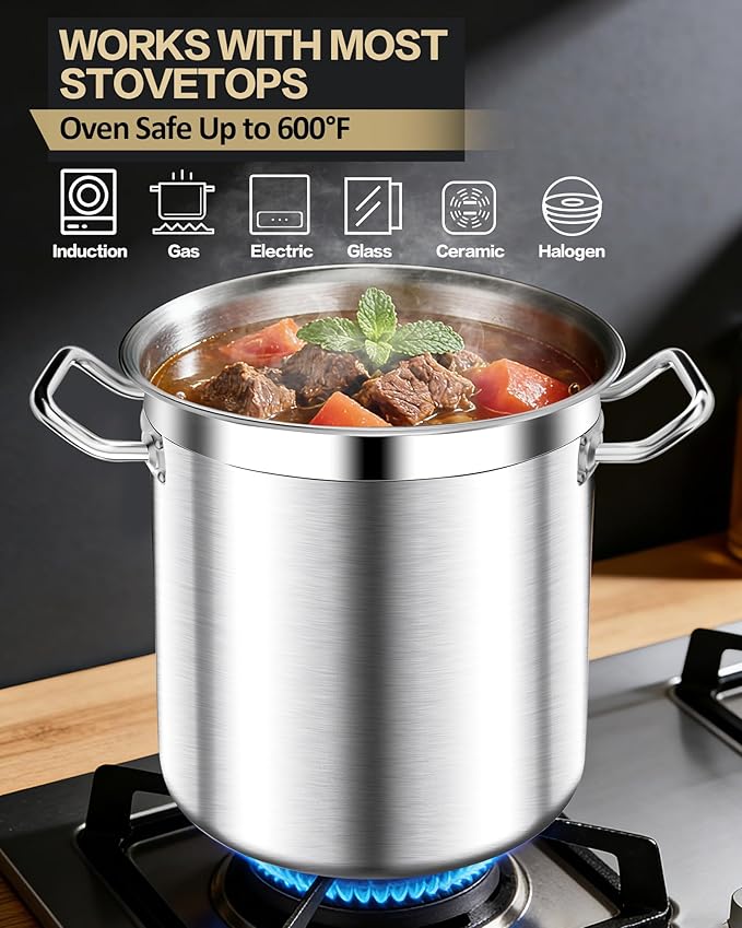 STOCKPOT 50 Quart Stainless Steel Stock Pot with Lid – Heavy Duty Cooking Pot for Soup, Commercial Soup Pots, 3-Ply Induction Bottom, Oven Safe