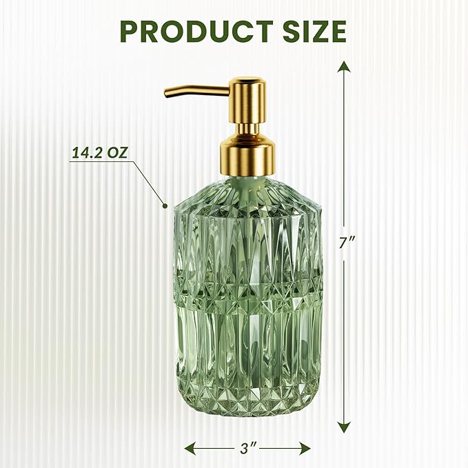 AmazerBath Soap Dispenser Green Glass Soap Dispenser with Pump Stainless Steel, 14.2OZ Luxury Gold Hand Soap Dispensers Bottles Bathroom, Refillable Kitchen Soap Dispenser for Dish Soap, 1 Pack - Image 5