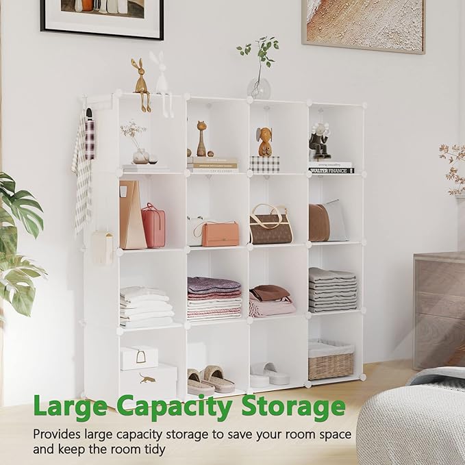 C&AHOME Cube Storage Organizer, 16-Cube Shelves Units, Plastic Storage Cubes, DIY Closet Organizer, Modular Closet Storage Shelves Ideal for Home, Bedroom, 48.4" L × 12.4" W × 48.4" H Milky UPCS16M - Image 5