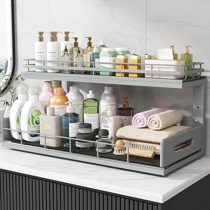 Under Sink Organizer Upgrade To Professional Rails,2-Tier Dual Pull Out Cabinet Storage,Height Adjustable Slide Out Drawers For Bathroom Kitchen,1 Pack-21"Dx12.8"-16.9"H,Gun Gray - Image 8