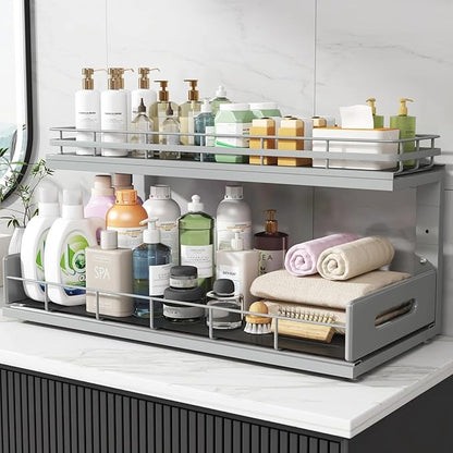 Under Sink Organizer Upgrade To Professional Rails,2-Tier Dual Pull Out Cabinet Storage,Height Adjustable Slide Out Drawers For Bathroom Kitchen,1 Pack-21"Dx12.8"-16.9"H,Gun Gray - Image 8