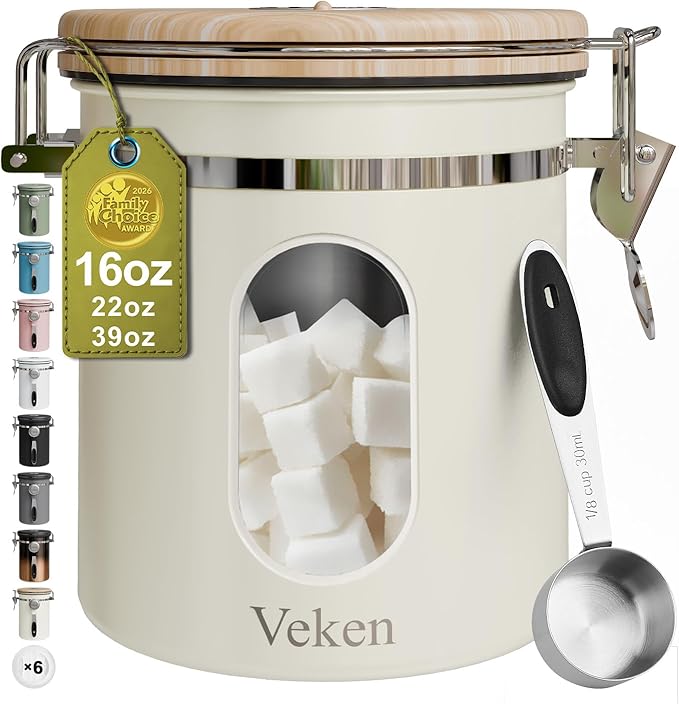 Veken Coffee Sugar Canister with Window, Airtight Stainless Steel Kitchen Food Storage Container with Lids, Date Tracker and Scoop for Grounds Coffee, Beans, Tea, Flour, Cereal Jars, 16OZ, Cream by Veken