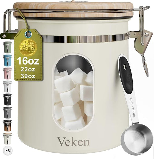 Veken Coffee Sugar Canister with Window, Airtight Stainless Steel Kitchen Food Storage Container with Lids, Date Tracker and Scoop for Grounds Coffee, Beans, Tea, Flour, Cereal Jars, 16OZ, Cream by Veken