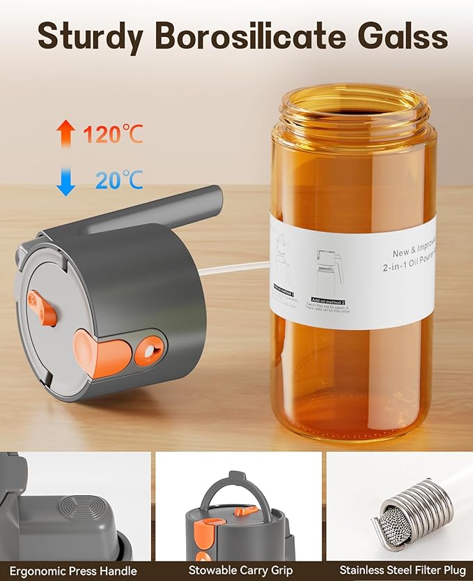 OURCABECUE Upgrade 2 in 1 Oil Sprayer for Cooking, 17oz Light-Blocking Glass Olive Oil Dispenser Bottle for Kitchen,Food-Grade Oil Mister with 8 Stickers for Salad, Frying (Grey) - Image 7