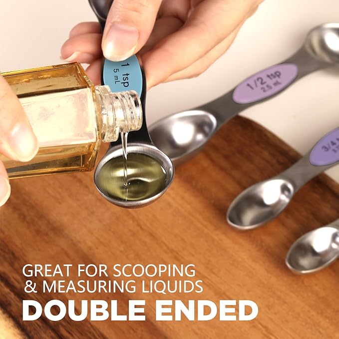 ChefAide Pack of 8 Stainless Steel Magnetic Measuring Spoons Set, Dual Sided, Stackable, Adjustable Teaspoon and Tablespoon Measure Spoon with Leveler, Kitchen Gadgets - Image 5