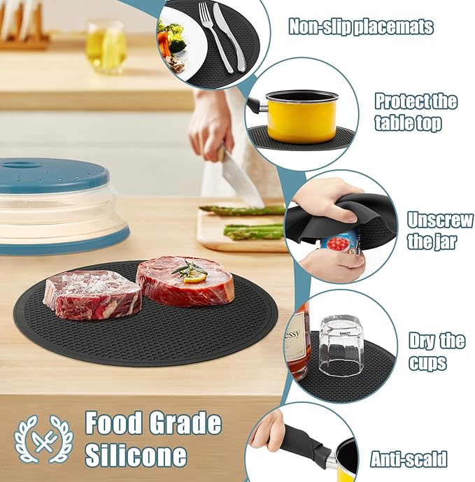 Large Microwave Splatter Cover & Silicone Mat,12 Inchs Vented Collapsible Guard dish Plate lid & Round Kitchen mat for food