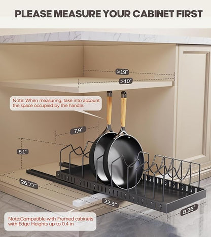 Pull Out Pots and Pans Organizer Under Cabinet, Expandable Sliding Lid Holder and Pan Rack for Kitchen, Slide Out Inside Cabinet for Pot Lid, Bakeware, Dishes, 10 Adjustable Dividers, 2 Pack Black - Image 2