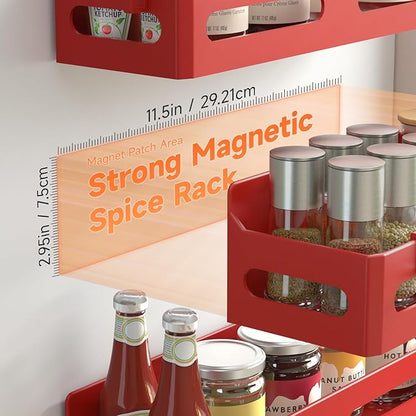 Sevenblue 4 Pack Strong Magnetic Spice Rack for Refrigerator, Multipurpose Magnetic Shelf for Fridge with 4 Hooks for kitchen and Bathroom Organization, Red - Image 2