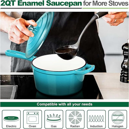 HaSteeL 2 QT Cast Iron Saucepan, Mini Enamel dutch oven with lid, Small Non Stick Pan for Milk, Pasta Tomato Sauce, Butter, Breakfast, Soup, Suitable for Boiling Stewing Frying, Easy to Clean, Green