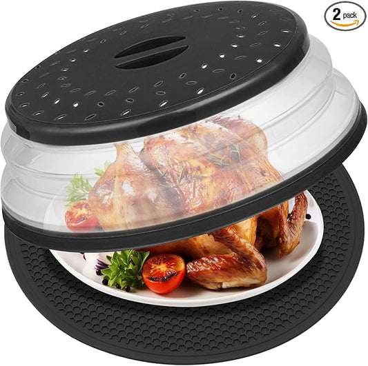 12" Microwave food Cover & Mat,Large Vented Collapsible Splatter Guard dish Plate lid & Silicone Round Kitchen mat by MAGJIUKE