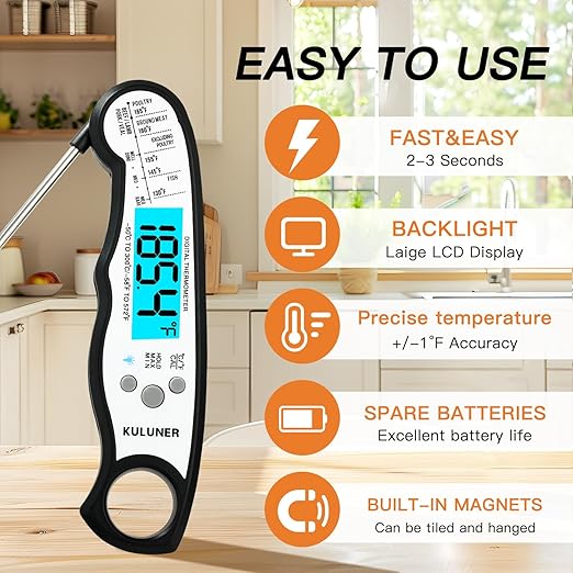 KULUNER TP-01 Waterproof Digital Instant Read Meat Thermometer with 4.6 Folding Probe Backlight Calibration Function for Cooking Food Candy, BBQ Grill, Liquids,Beef(White) - Image 2