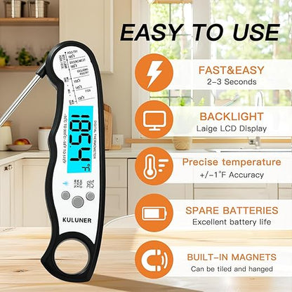 KULUNER TP-01 Waterproof Digital Instant Read Meat Thermometer with 4.6 Folding Probe Backlight Calibration Function for Cooking Food Candy, BBQ Grill, Liquids,Beef(White) - Image 2